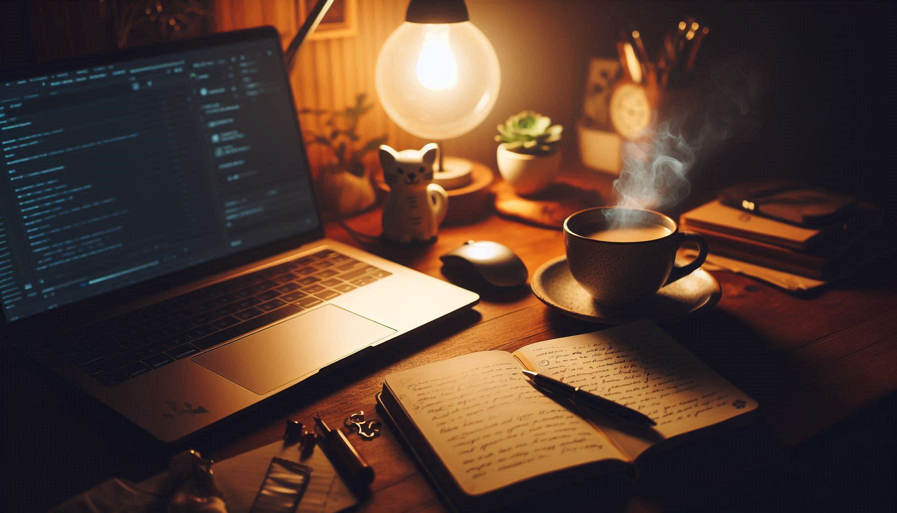 A picture of an office desk in a dim ambient environment.