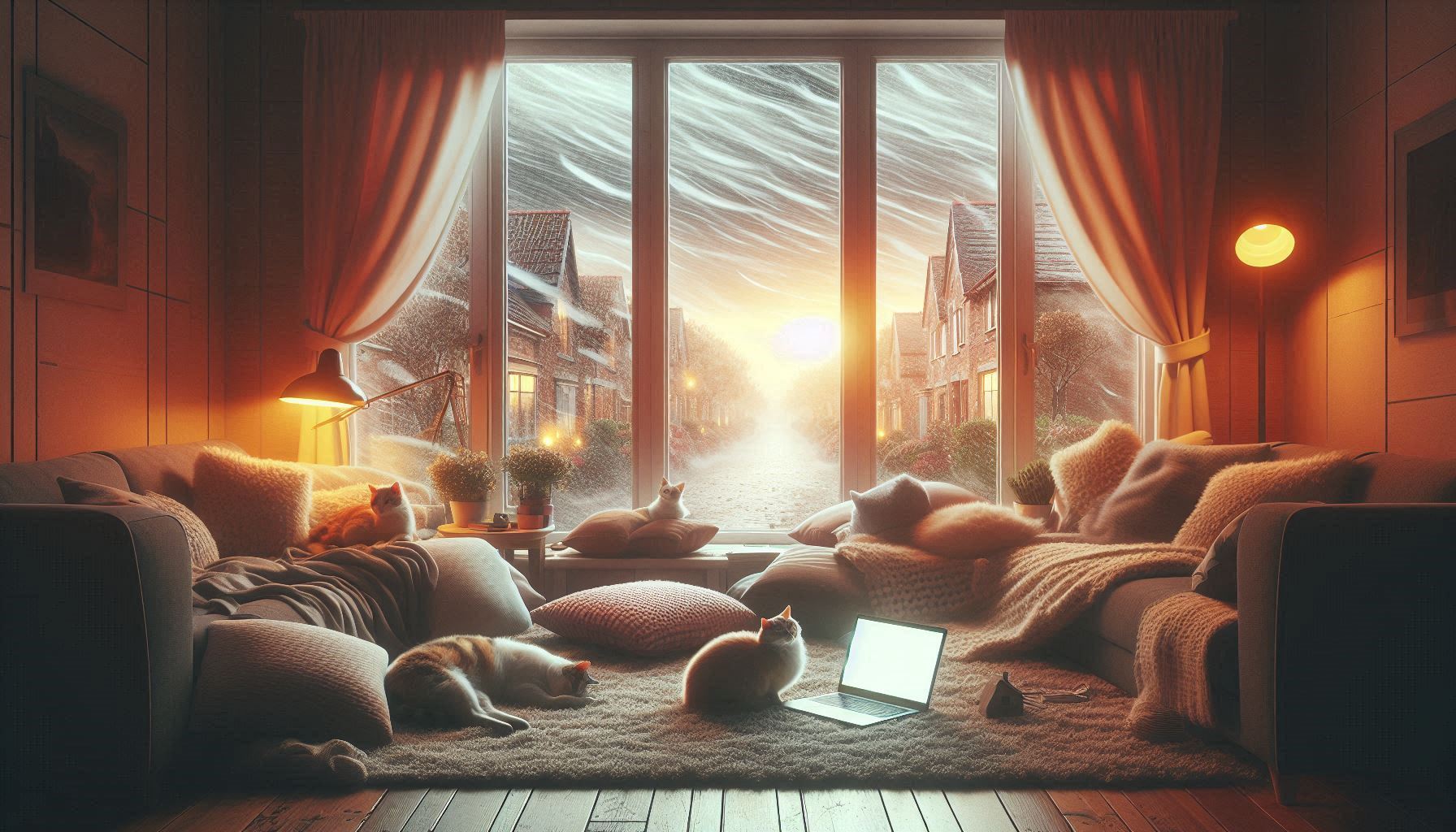 A picture of a cozy living room in spite of a raging typhoon outside.