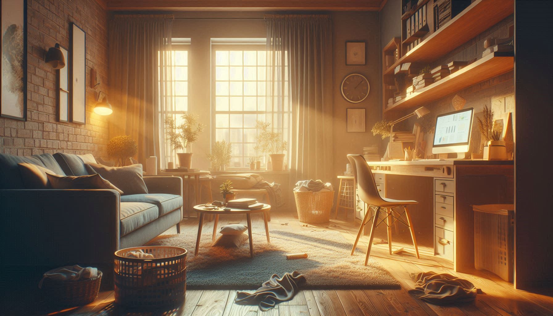 A picture of a living room with loads of laundry that needs to be done.