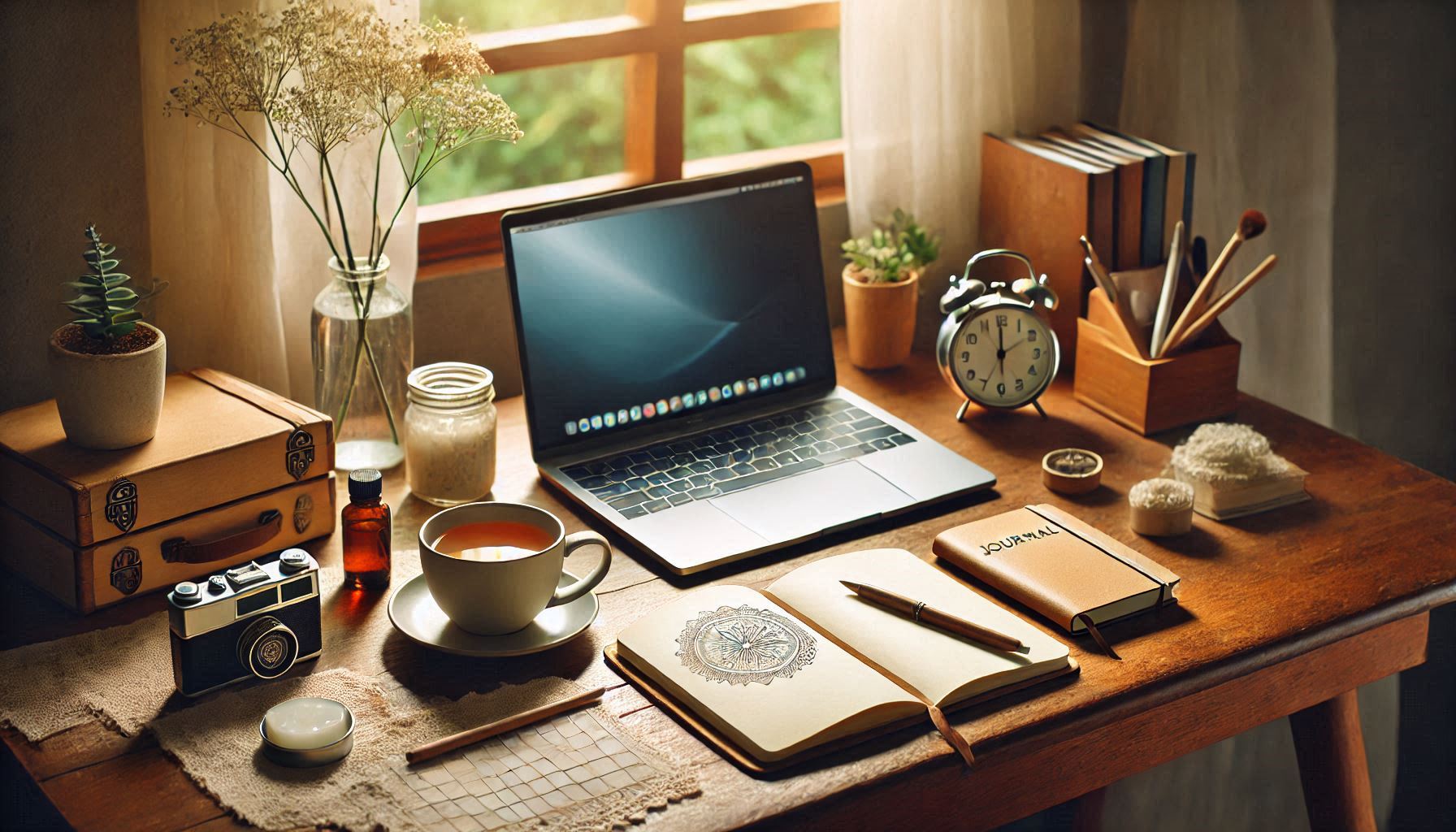 Morning light streaming through a window to a desk with both work and self-care items.