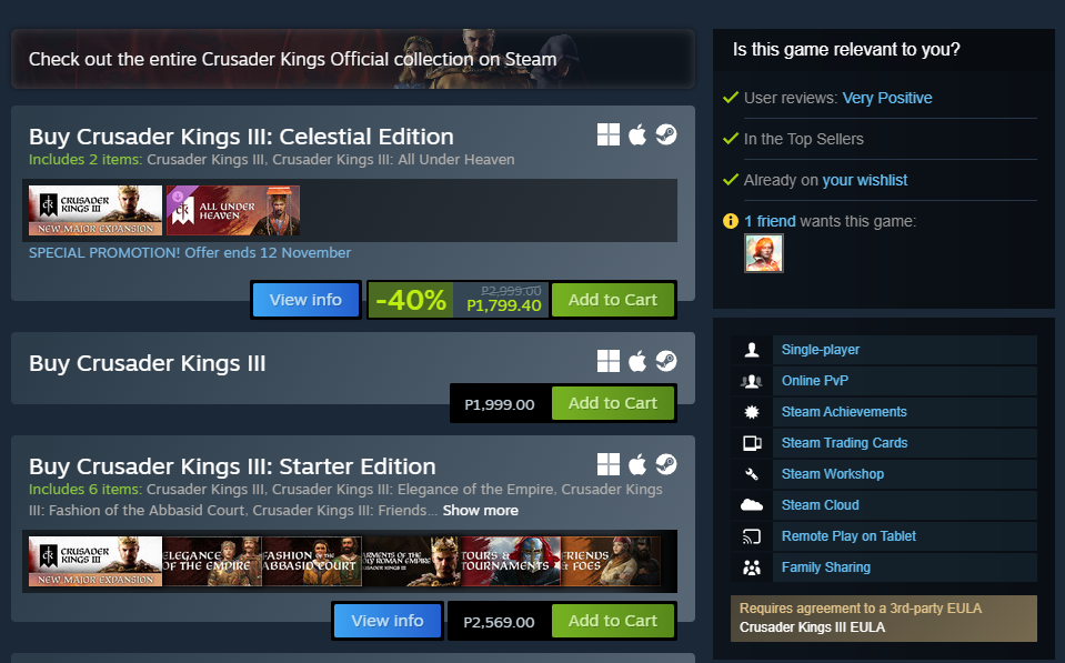 I missed the 7 Nov sale of Crusader Kings III on Steam
